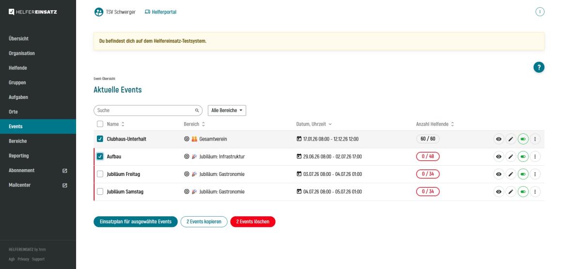 Einsatzplan für mehrere Events